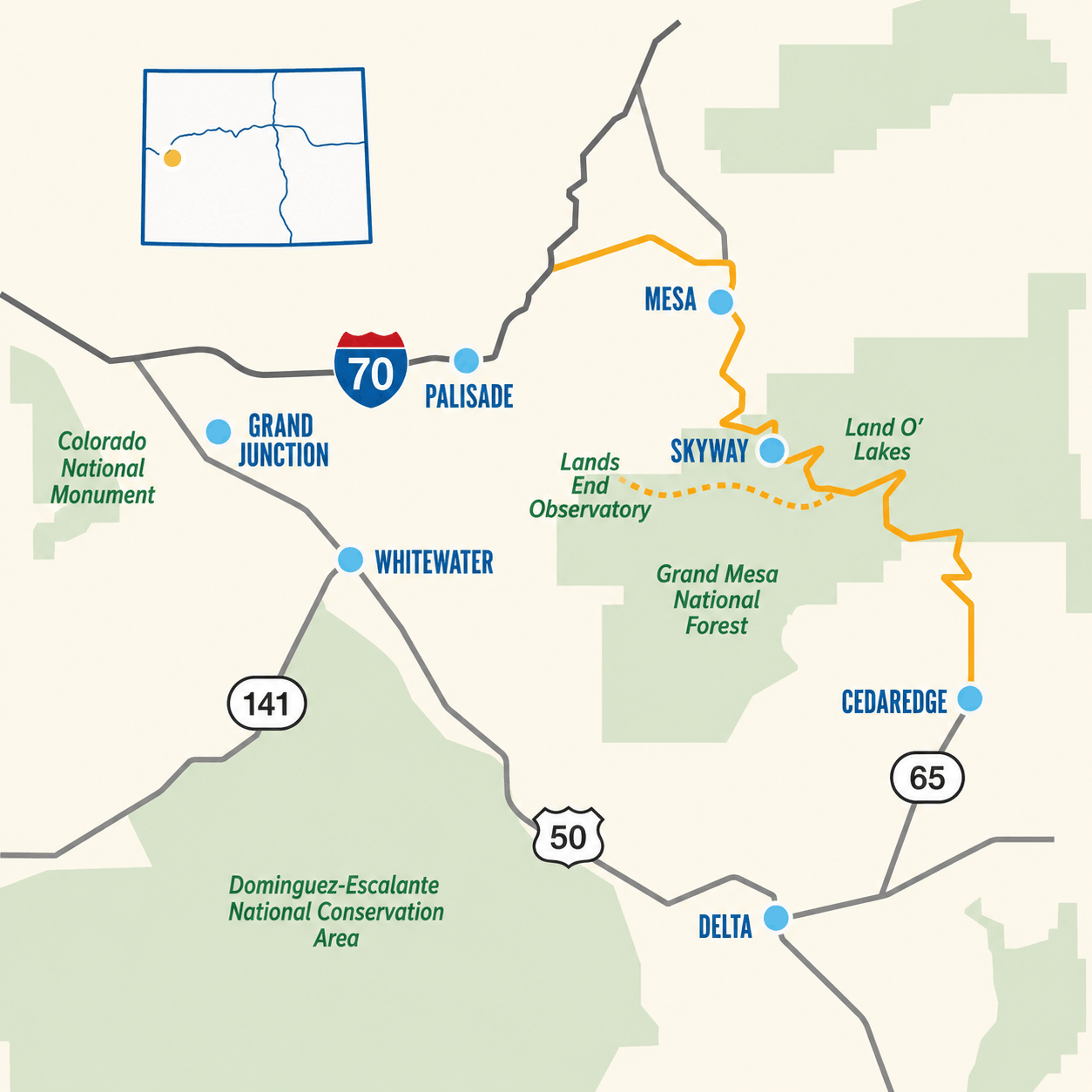 Map showing Outpour Irrigation service area around Grand Junction and Grand Mesa